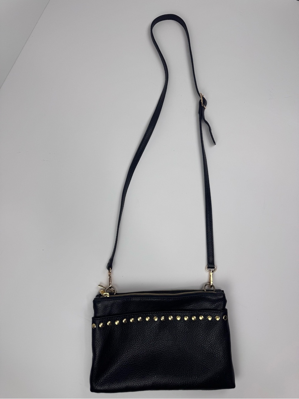 Black Leather Crossbody with Gold Stud Detail